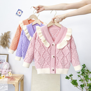 公主风洋气镂空纯色孩薄毛衣外套 女童针织开衫 2022秋季 新款 薄款