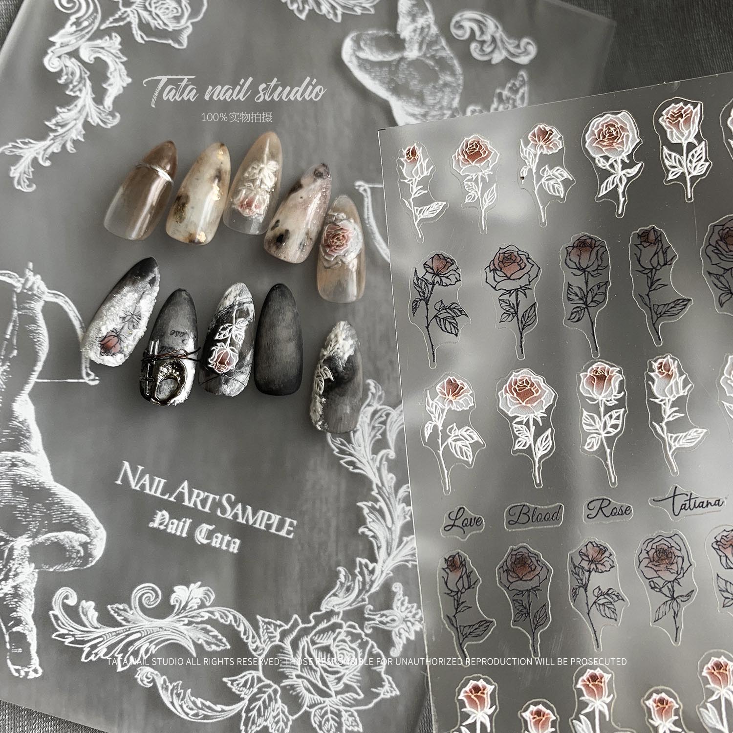 现货TATA暗黑嗜血玫瑰花 立体浮雕 滴血黑白红线烫金 美甲贴纸