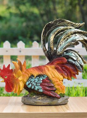 跨境田园庭院花园布置装饰公鸡摆件假山水池鱼池塘造景树脂工艺品