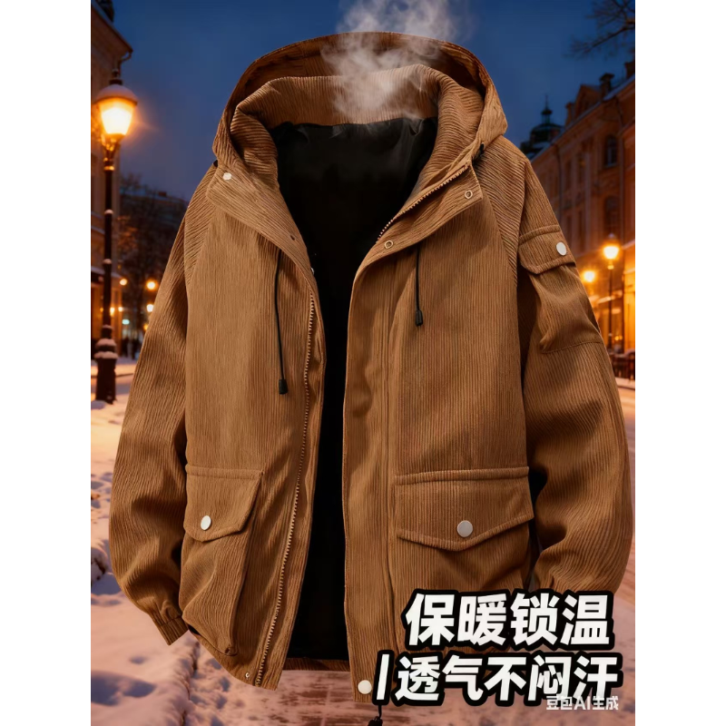 夹克男款秋季防风保暖连帽灯芯绒宽松上衣时尚休闲潮流户外外衣