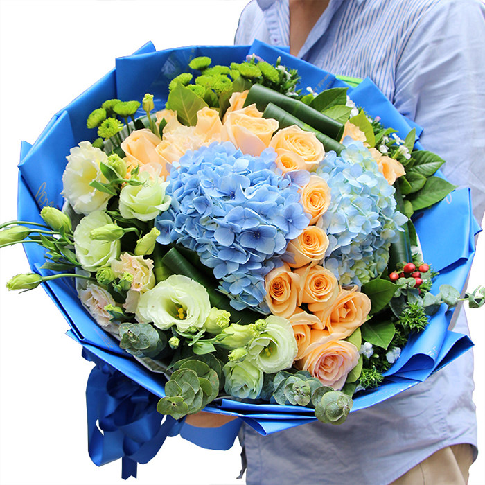 昆明南宁海口同城订花鲜花速递送七夕节生日礼物绣球玫瑰桔梗混搭