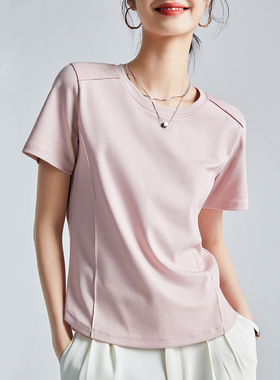 液氨80支丝光棉纯棉v领白色宽松鱼骨线短袖女t恤正肩2026夏季半袖