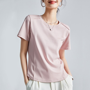 半袖 女t恤正肩2026夏季 液氨80支丝光棉纯棉v领白色宽松鱼骨线短袖
