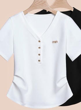 2026夏季新款正肩设计感收腰v领纯棉短袖女t恤高端气质百搭体恤衫