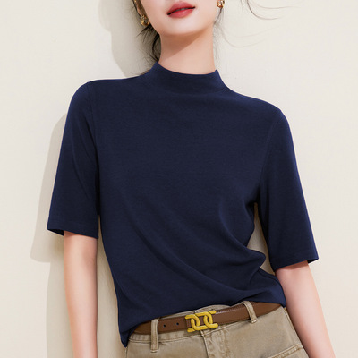 春季新款半高领五分袖打底T恤女