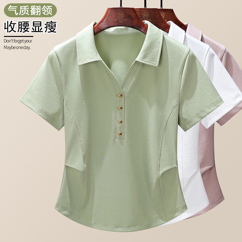 2025夏季高端纯棉宽松鱼骨线polo衫翻领正肩短袖女t恤设计感半袖