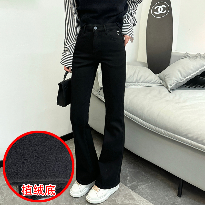 冬季植绒底修身弹力牛仔微喇叭裤