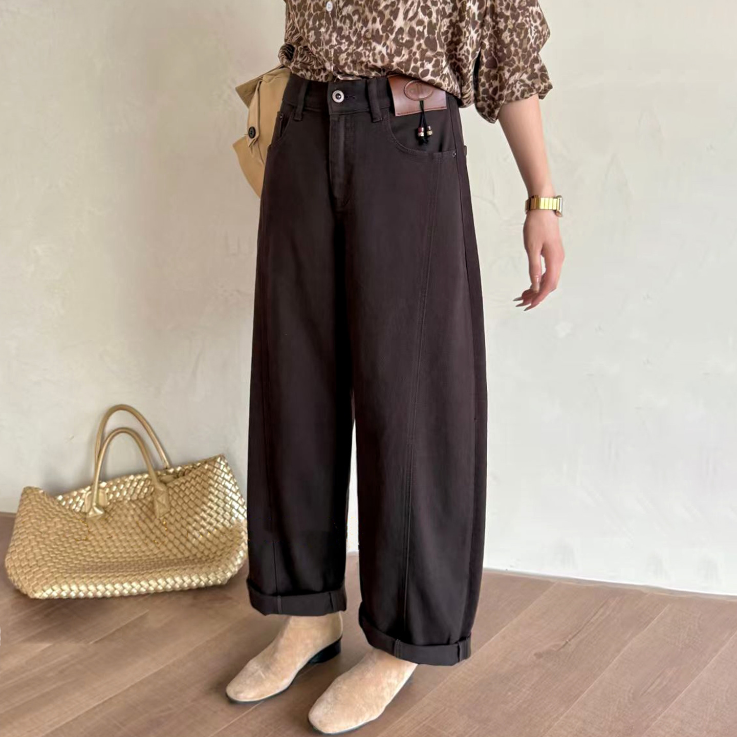 秋季后松紧腰弯刀裤女牛仔香蕉裤