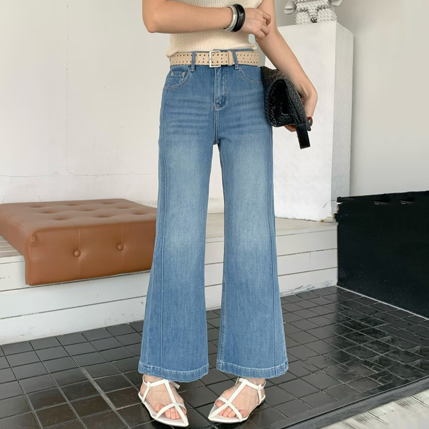 2026夏新款JEANS阿凡牛67812四面弹修身显瘦九分女牛仔微筒喇叭裤