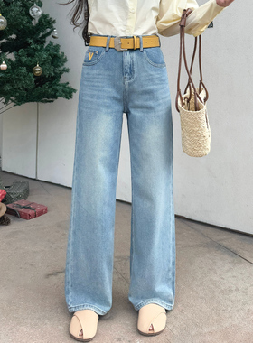2026春新款Jeans阿凡牛3918浅蓝V字宽松显瘦窄版女牛仔直筒阔腿裤