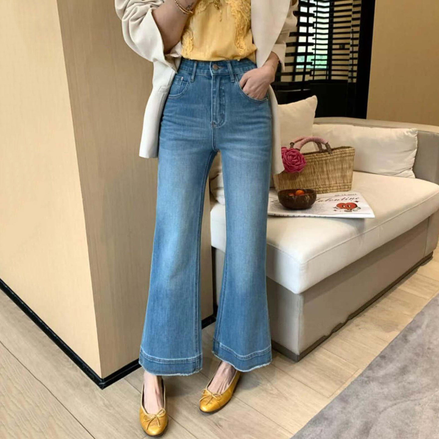 2026夏新款JEANS阿凡牛67819四面弹修身显瘦九分女牛仔微筒喇叭裤
