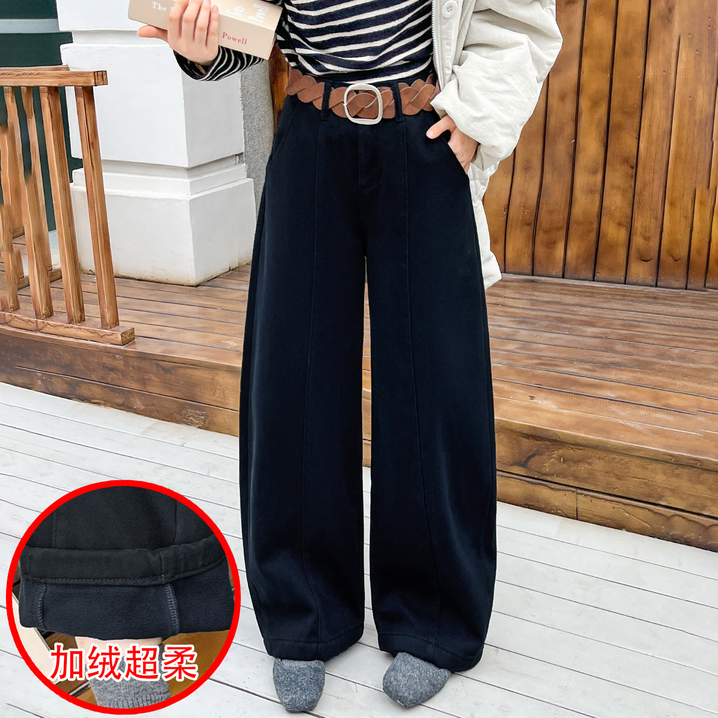 冬季加厚绒保暖女牛仔弯刀阔腿裤