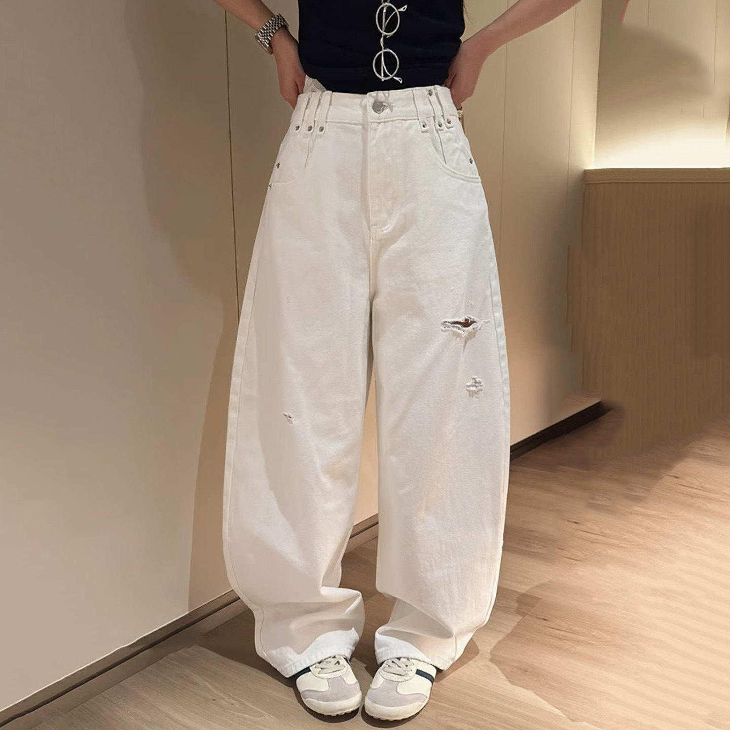 2026夏季新款Jeans阿凡牛A5626米白宽松显瘦薄款女牛仔阔腿弯刀裤