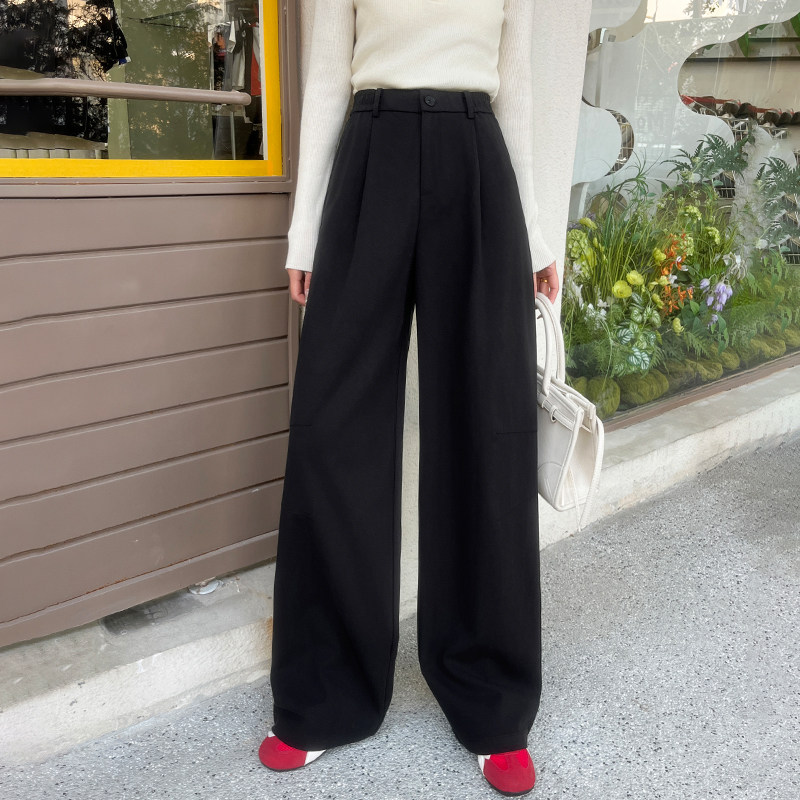 诺仙思美春秋鸡高腰西装裤女高级感垂感黑色裤子直筒裤窄版阔腿裤