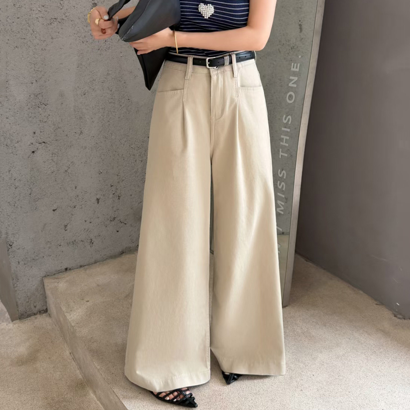 2026夏新款JEANS阿凡牛A5613卡其宽松显瘦奶奶裤女牛仔直筒阔腿裤