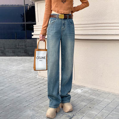 春季jeans浅蓝女牛仔直筒阔腿裤