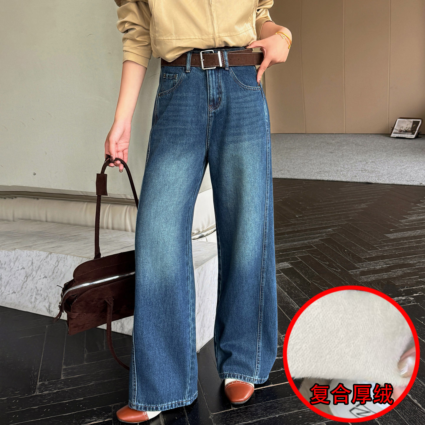 冬季加厚绒窄版女牛仔直筒阔腿裤