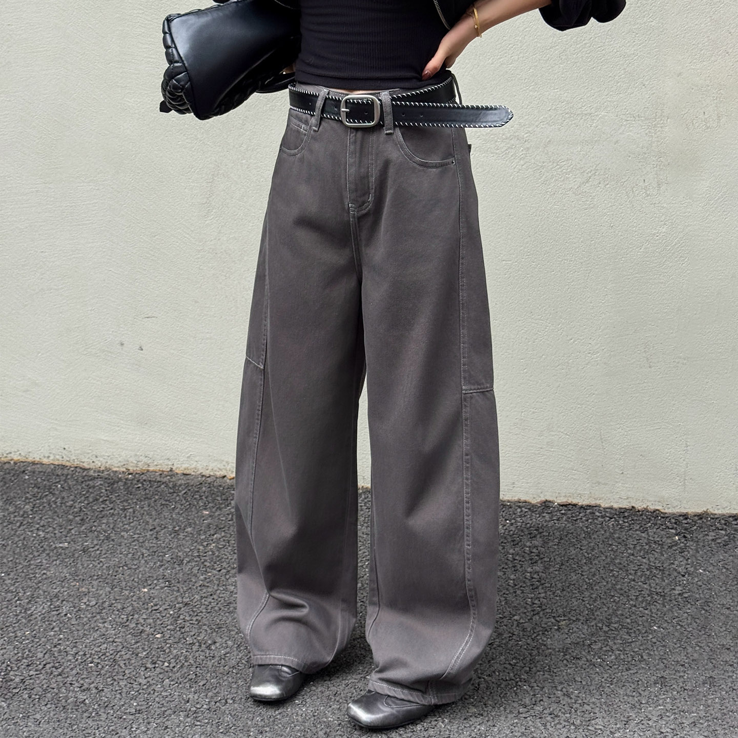 秋季欧货宽松女牛仔阔腿弯刀裤潮