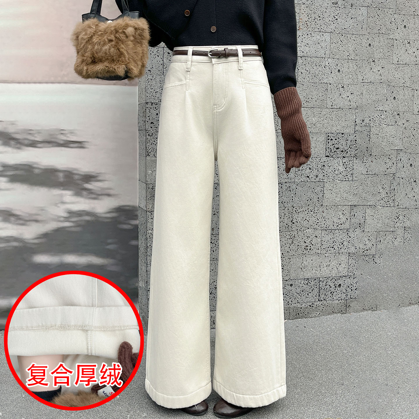 冬季加厚复合绒保暖女牛仔阔腿裤