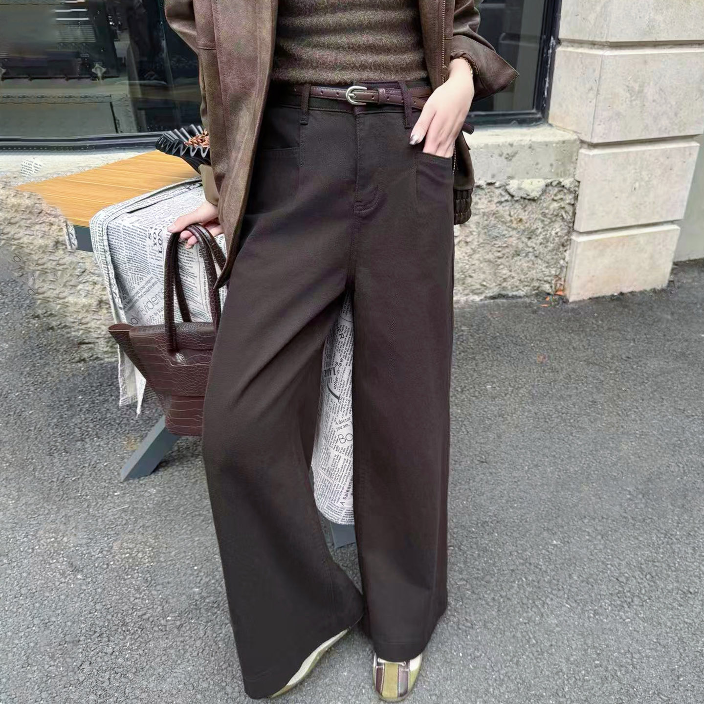 秋季咖啡色宽松显瘦女牛仔阔腿裤