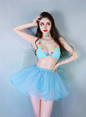 2022新品酒吧gogo舞派对气氛DS演出服女dj领舞性感蓝色蓬蓬裙套装