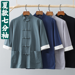 唐装男夏季七分袖复古衬衫