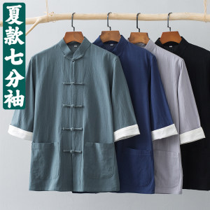 唐装男夏季七分袖复古衬衫