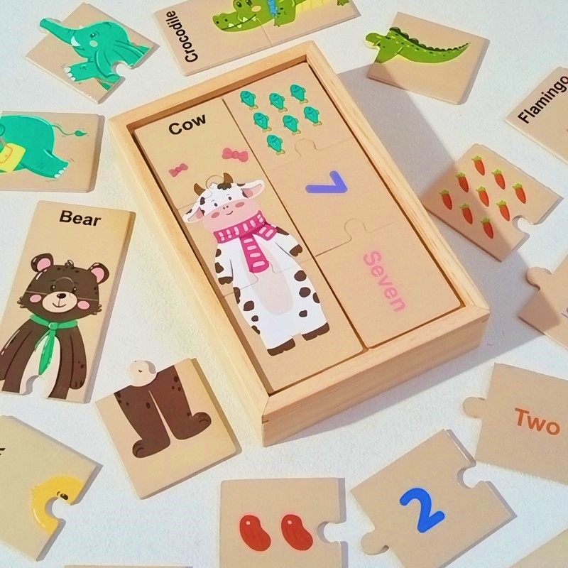 儿童早教木质大块3片拼图盒宝宝动物认知数字配对卡小班玩具2-4岁