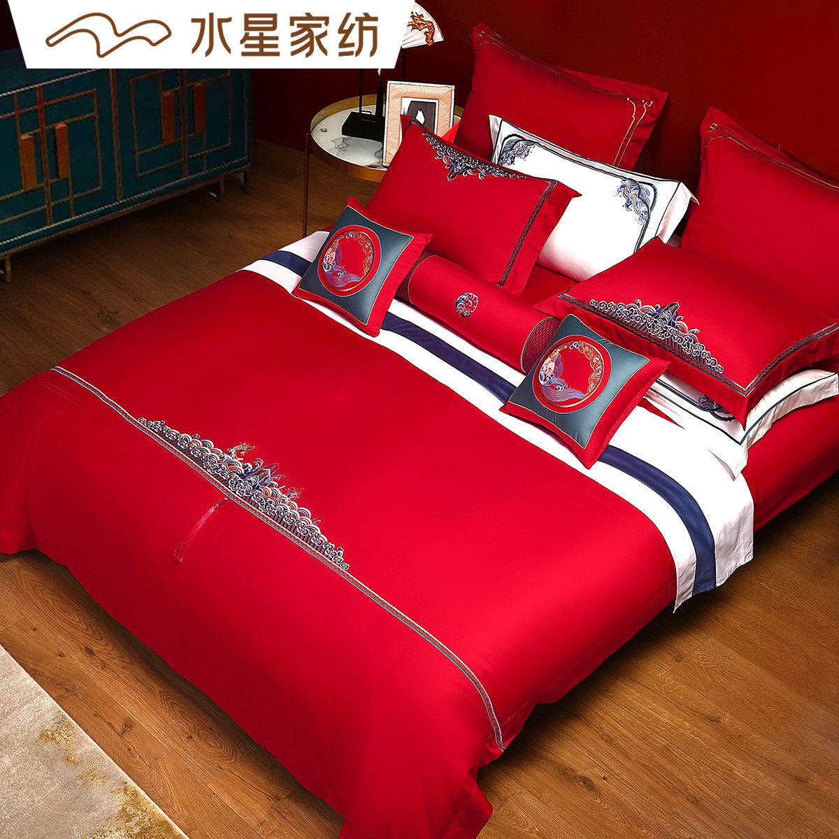 水星家纺官方品牌店正品全棉绣花六件套大红结婚套件婚庆床品海约,床上用品,床品套件/四件套/多件套,淘宝优惠券,粉丝福利购,淘宝优惠卷