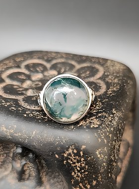 古董文玩饰品收藏天然水草玛瑙戒指镶银男女款