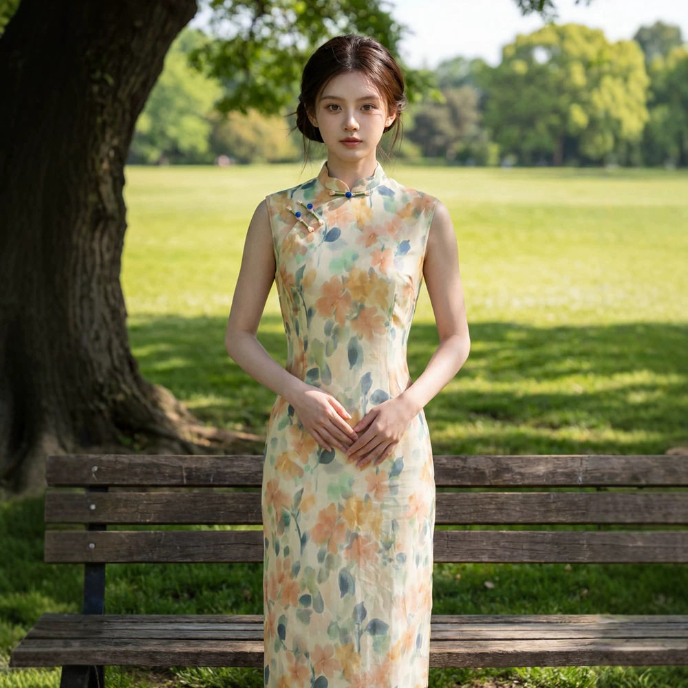 挽苏竹节麻印花中长款旗袍2026夏图片