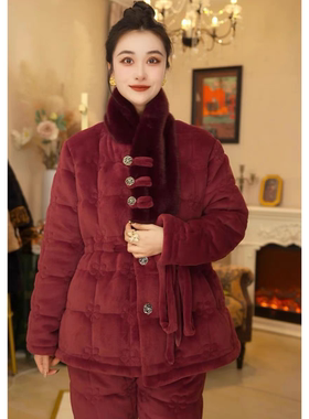 珊瑚国风三层加厚冬季夹棉睡衣女保暖家居服套装可外穿棉袄女套装