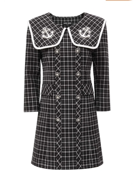 VM国内代购黑色格纹海军风大翻领收腰七分袖连衣裙女 32337C031