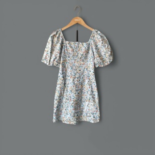 连衣裙女 32227B023 蓝色刺绣重工方领宽松休闲纯棉短款 VM国内代购