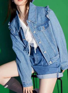 ONLY国内代购牛仔蓝百搭休闲时尚荷叶边短款牛仔外套女 122354013