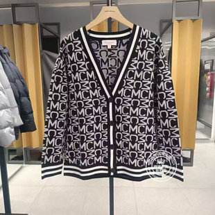 VM国内代购黑色深红字母满印V领宽松休闲针织衫开衫女 323413020