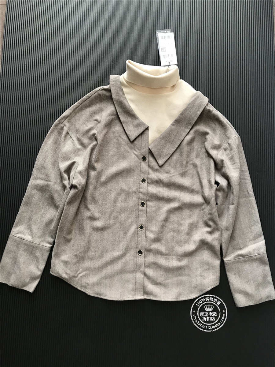 OL国内代购棕色米色高领百搭休闲宽松针织拼接上衣女  119451507