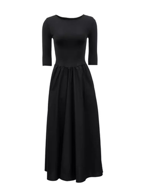 VM国内代购黑色百搭圆领七分袖修身长款拼接连衣裙女 32437C020