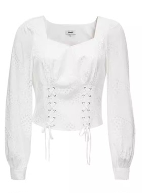 OL国内代购奶白浅紫色方领泡泡袖腰短款长袖衬衫女 123251004