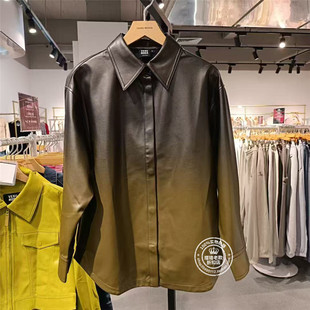 VM国内代购绿色渐变色百搭翻领宽松休闲中长款PU外套女 325105054