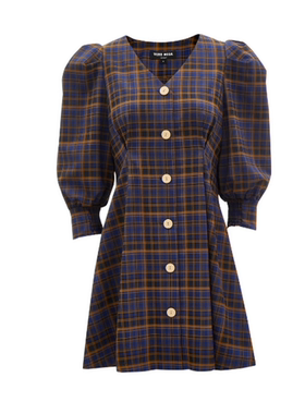 VM国内代购棕色深蓝色格纹泡泡袖七分袖V领连衣裙女 32227C016