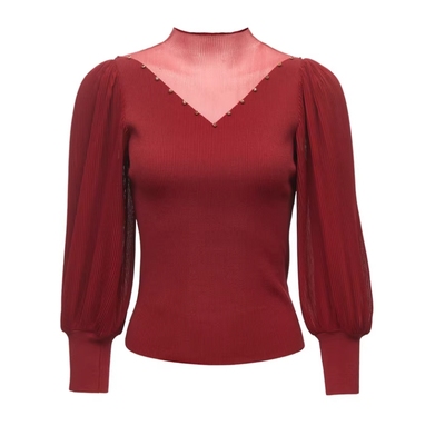 VM国内代购深红色水钻钉珠拼接透视泡泡袖修身针织衫女 323124009
