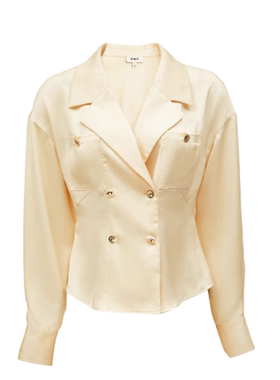 OL国内代购黄色西装领双排扣收腰丝滑光泽感长袖衬衫女 123105021