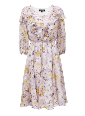 VM国内代购紫色绿色碎花荷叶边七分袖收腰雪纺连衣裙女 32337C004