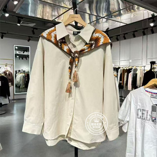 VM国内代购咖啡白色翻领钩织披肩宽松休闲长袖衬衫女 324305060