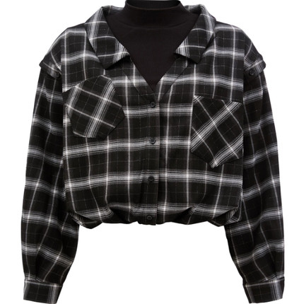 VM国内代购黑色拼色格纹假两件宽松休闲短款长袖衬衫女 323451002