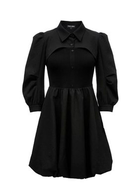 VM国内代购黑色翻领百搭拼接两穿七分袖收腰连衣裙女 32337C037