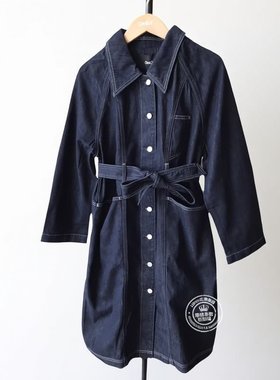 ONLY国内代购深蓝明线宽松中长款休闲牛仔风衣外套女 122354002