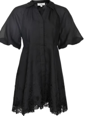 VM国内代购黑色翻领V领五分袖拼接蕾丝边连衣裙女 32226Z009