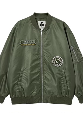 JJ国内代购绿色黑色棒球领字母宽松休闲飞行员棉服男 225309007